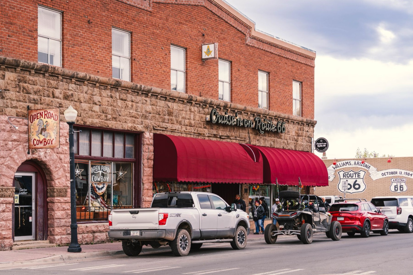 Colorful Route 66 storefronts in downtown Williams